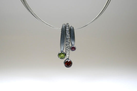 Leaf Design Three Stone Oxidised Silver Necklace