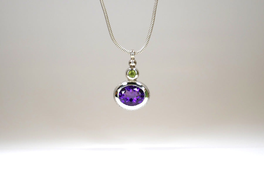 Oval Amethyst & Peridot Silver Drop Pendant