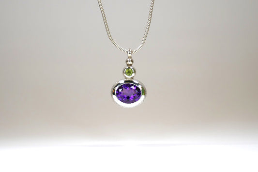 Oval Amethyst & Peridot Silver Drop Pendant