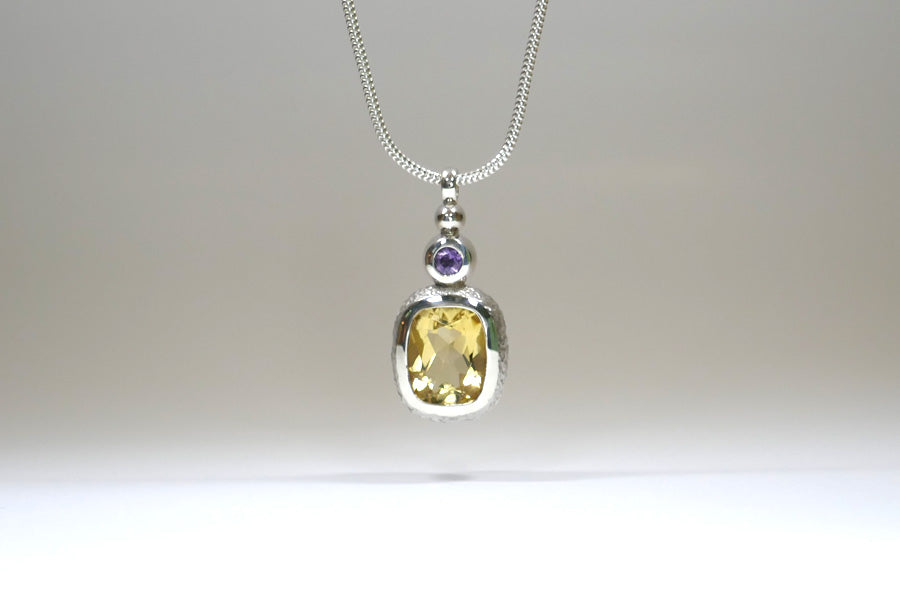 Cushion Citrine & Amethyst Silver Drop Pendant