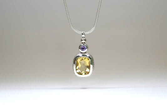 Cushion Citrine & Amethyst Silver Drop Pendant