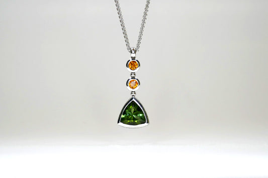 Short Trillion Green Tourmaline & Orange Sapphire 9ct White Gold Pendant