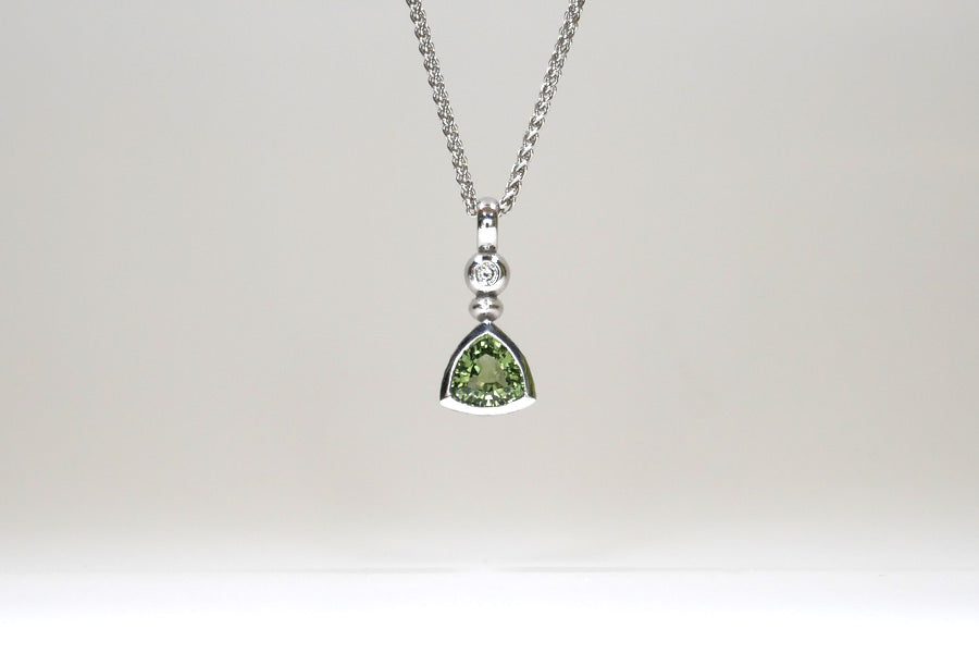 Short Trillion Green Sapphire & Diamond 9ct White Gold Pendant