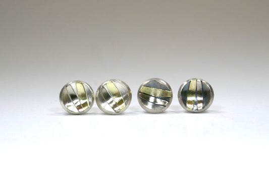 Striped Silver & 18ct Gold Round Ear Studs