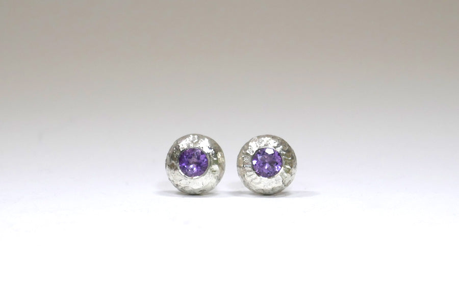 Round Domed Silver Amethyst Ear Studs
