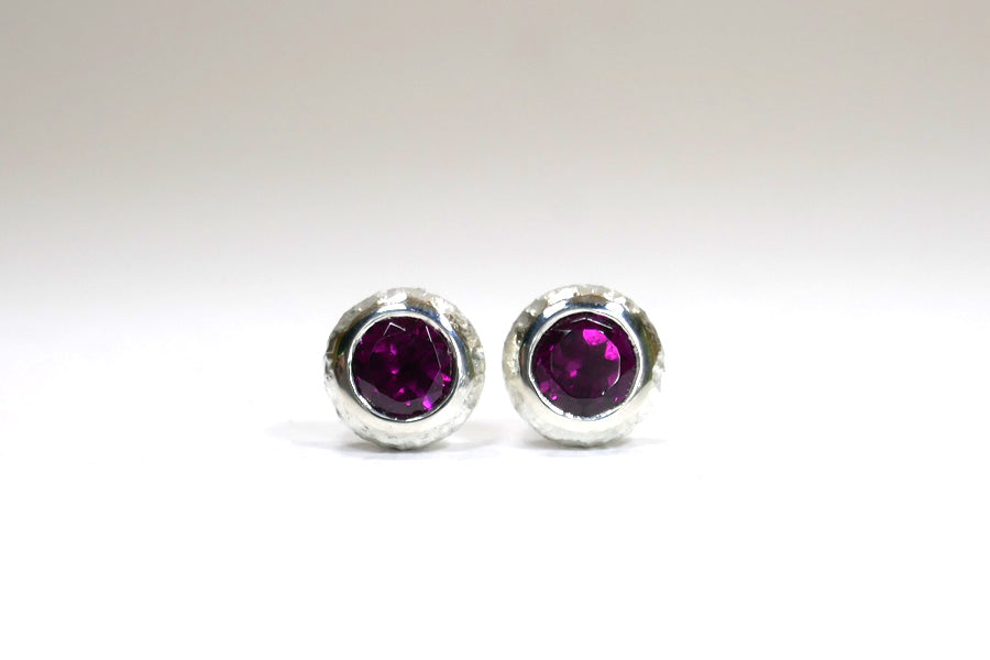 Round Silver & Garnet Ear Studs