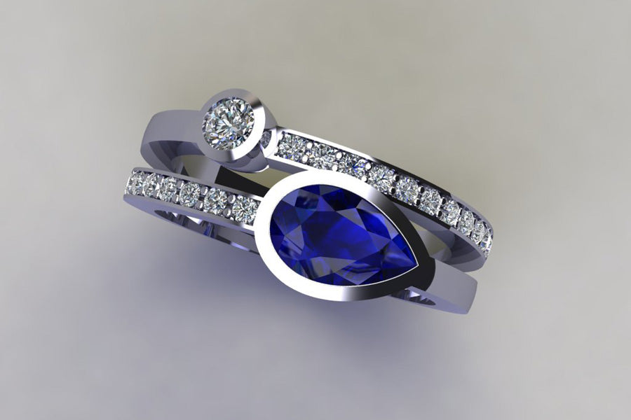 Pear Sapphire & Round Diamond Pave Set Double Band Platinum Ring Design