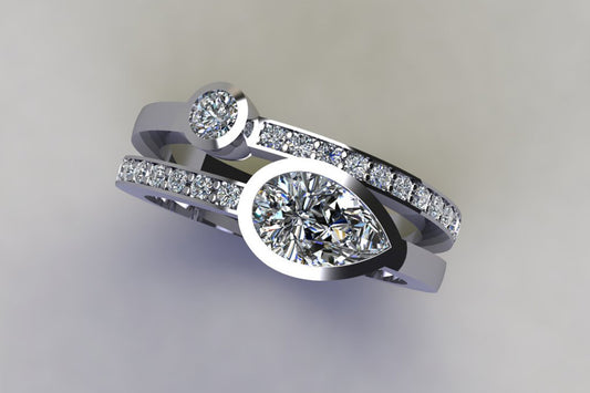 Pear & Round Diamond Pave Set Double Band Platinum Ring Design