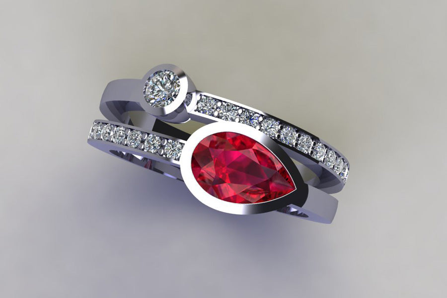 Pear Ruby & Round Diamond Pave Set Double Band Platinum Ring Design