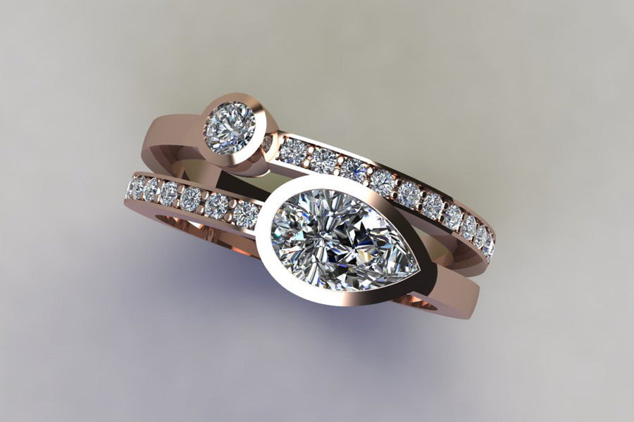 Pear & Round Diamond Pave Set Double Band Red Gold Ring Design