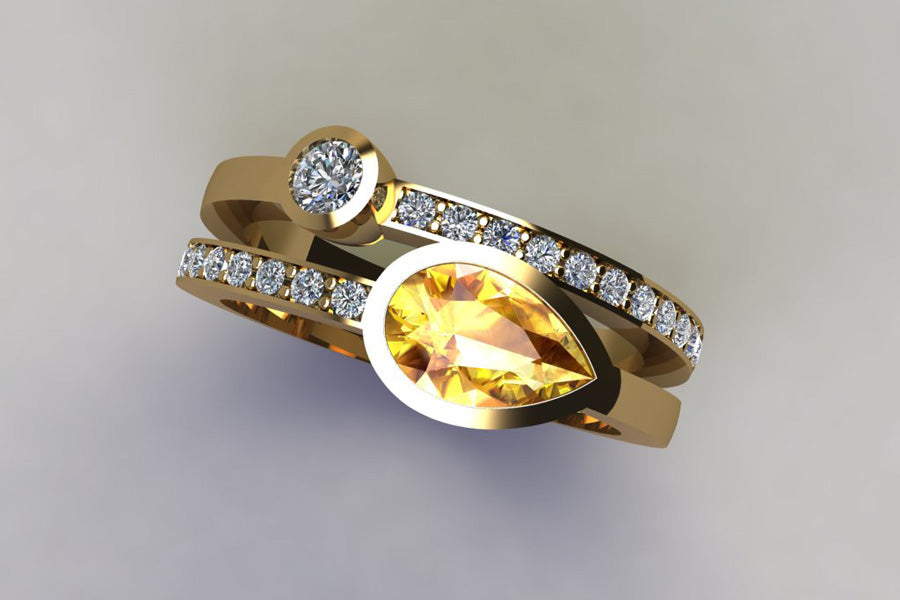 Pear Yellow Sapphire & Round Diamond Pave Set Double Band Yellow Gold Ring Design