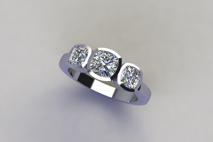 Three Stone Cushion Shaped Diamond Platinum Ring Design