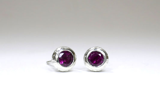 Round Silver & Garnet Ear Studs