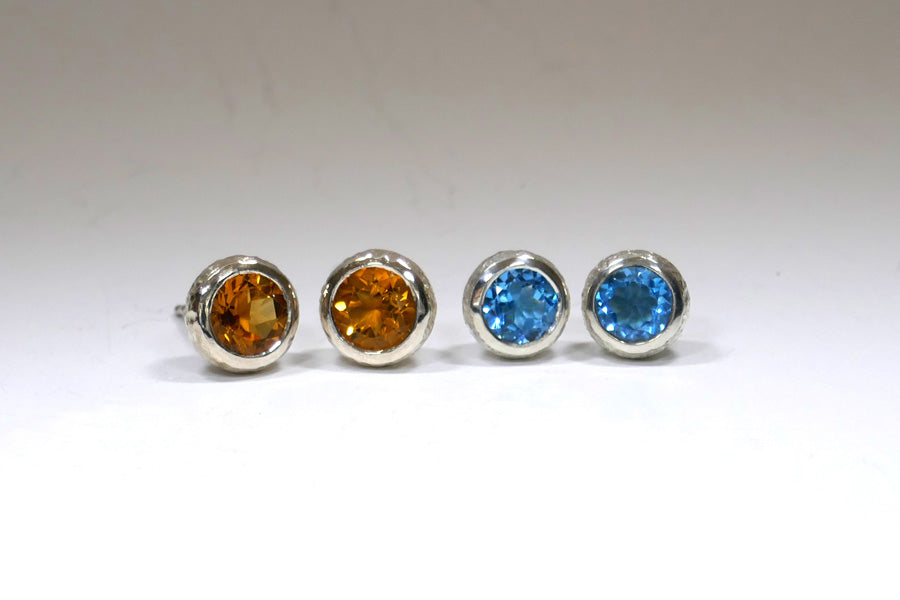 Round Silver Citrine & Blue Topaz Ear Studs