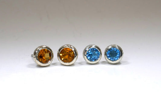 Round Silver Citrine & Blue Topaz Ear Studs