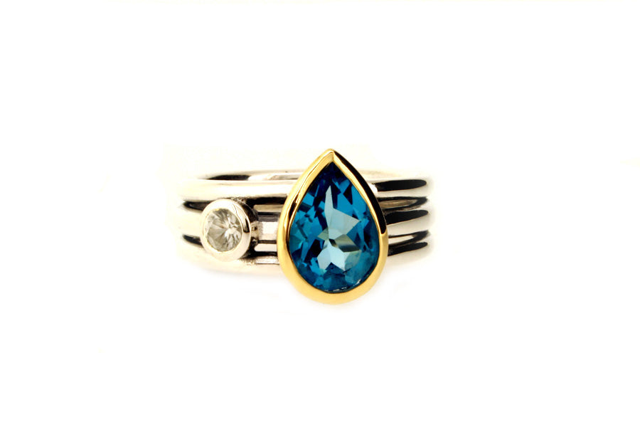 Pear Blue Topaz & White Sapphire Silver & 18ct Gold Ring