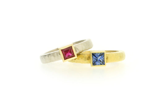 Princess Cut Ruby & Sapphire 18ct Gold Rings with Hammered Finishes