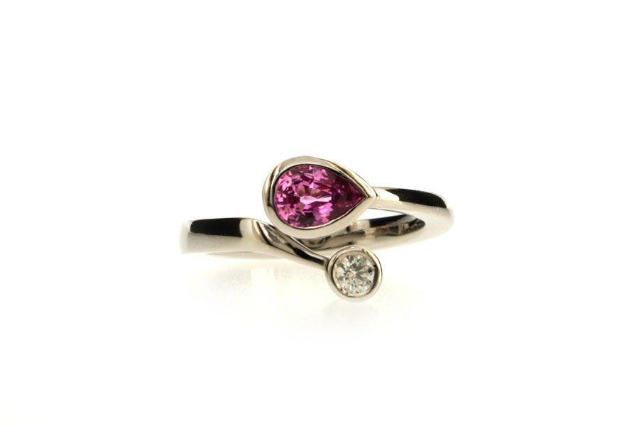 Pear Pink Sapphire & Round Brilliant Cut Diamond 18ct White Gold Ring