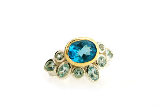 Oval Blue Topaz & Mixed Stone Silver & 18ct Gold Ring