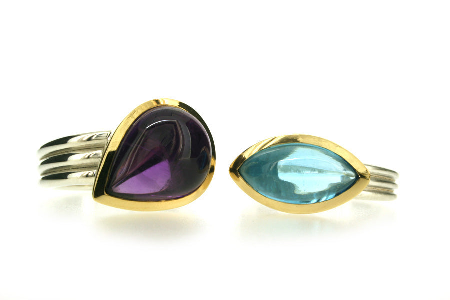 Pear Amethyst & Marquise Cut Blue Topaz Silver & 18ct Gold Rings