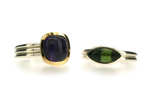 Cushion Amethyst & Marquise Cut Green Tourmaline Silver & Gold Rings