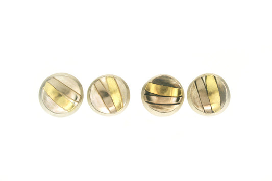 Striped Silver & 18ct Gold Round Ear Studs