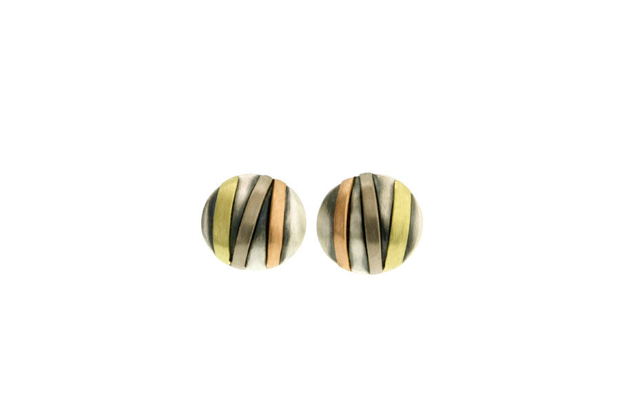 Striped Silver & 18ct Gold Round Ear Studs
