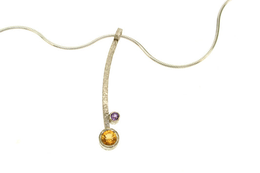 Curved Bar Design Silver Citrine & Amethyst Necklace