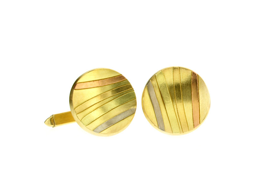 Round 18ct Gold Striped Cufflinks