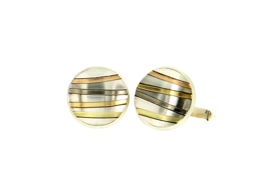 Round Silver & 18ct Gold Striped Cufflinks