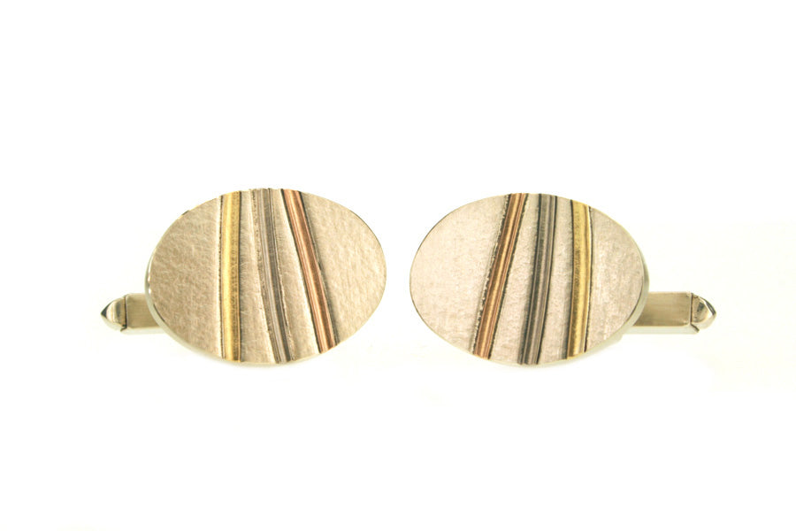 Oval Silver & 18ct Gold Striped Cufflinks
