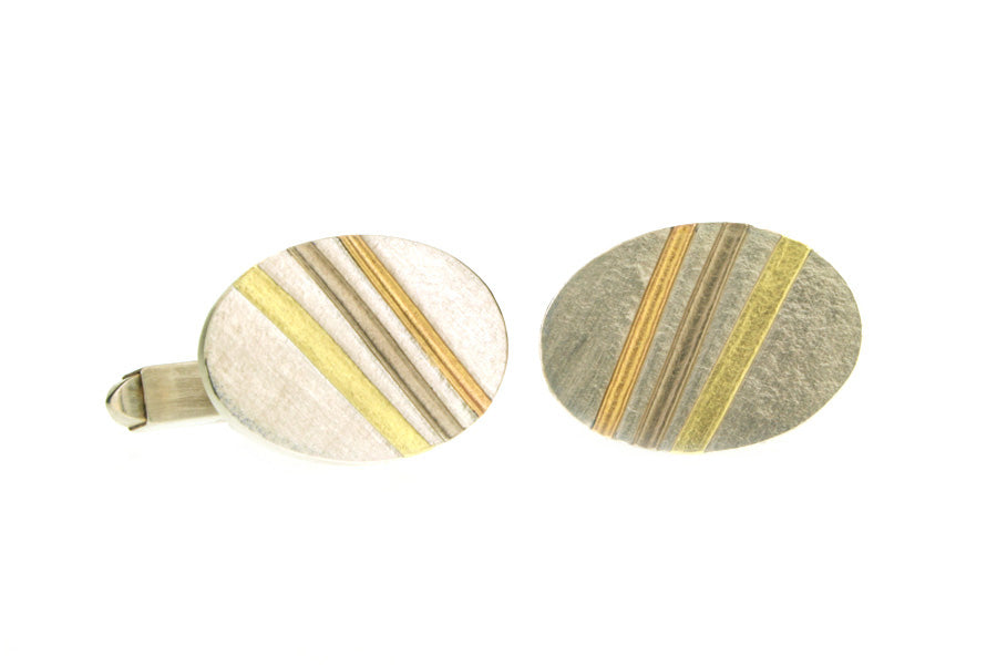 Oval Silver & 18ct Gold Striped Cufflinks