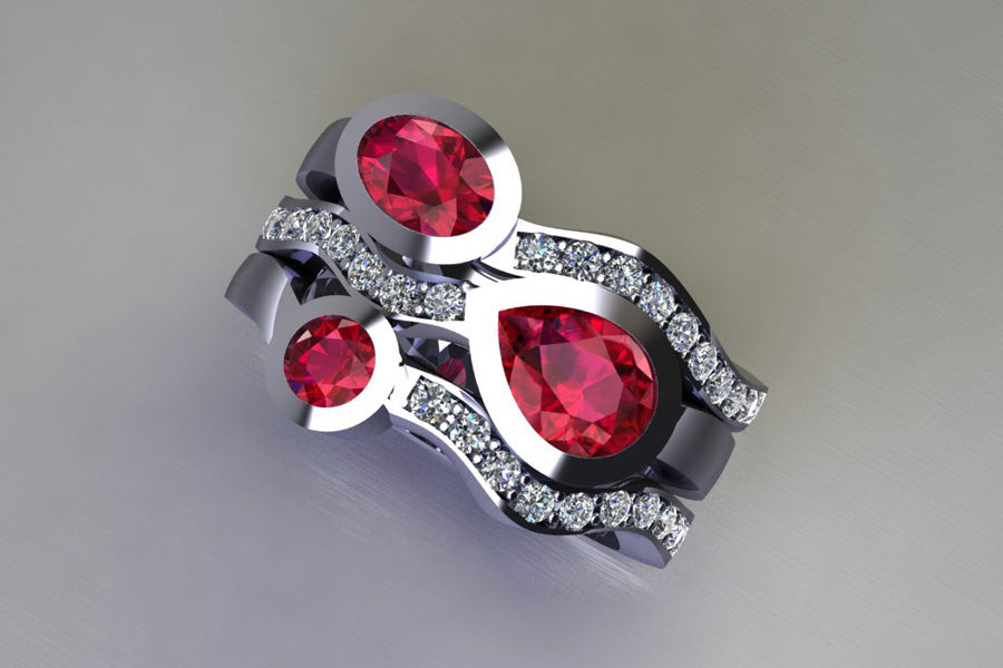 Three Stone Ruby & Diamond Platinum Stacking Ring Design