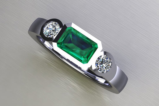 Three Stone Emerald & Round Brilliant Cut Diamond Platinum Ring Design