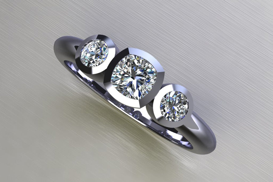 Three Stone Cushion Cut & Round Brilliant Cut Diamond Platinum Ring Design