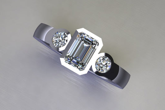 Three Stone Emerald Cut & Round Brilliant Cut Diamond Platinum Ring Design