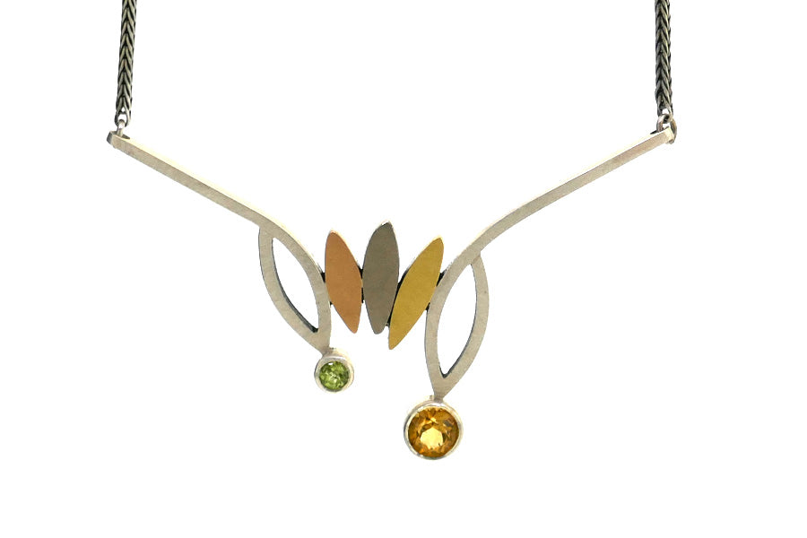 Frame Design Citrine & Peridot Silver & 18ct Coloured Gold Necklace