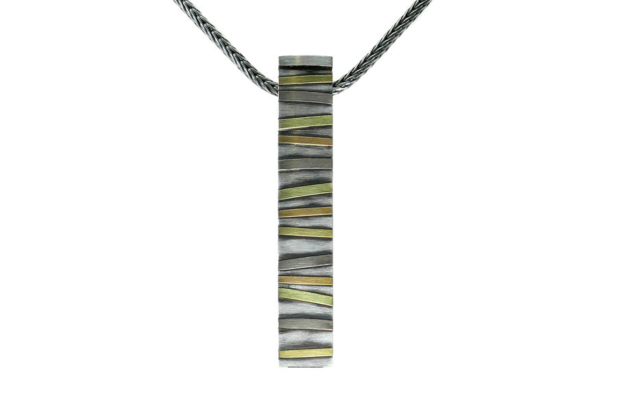 Long Box Shaped Silver & Striped 18ct Coloured Gold Necklace