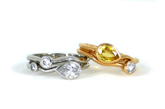 Pear Shaped Diamond & Yellow Sapphire Platinum & 18ct Red Gold Rings
