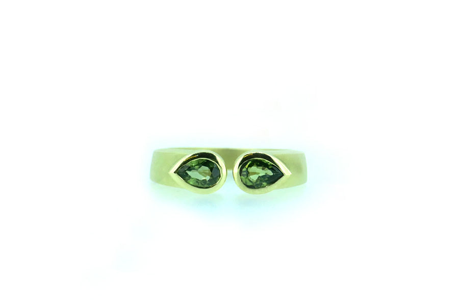 Two Stone 14ct Gold Ring with Pear Green Sapphires
