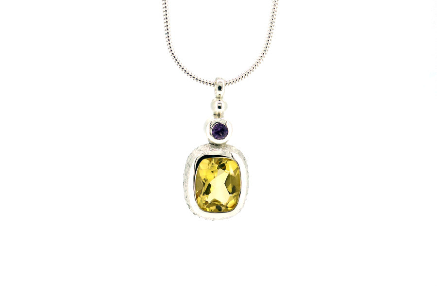 Cushion Citrine & Amethyst Silver Drop Pendant