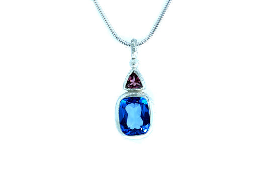 Cushion Blue Topaz & Trillion Red Tourmaline Silver Drop Pendant