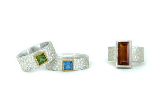 Textured Silver Rings with Square & Baguette Cut Stones