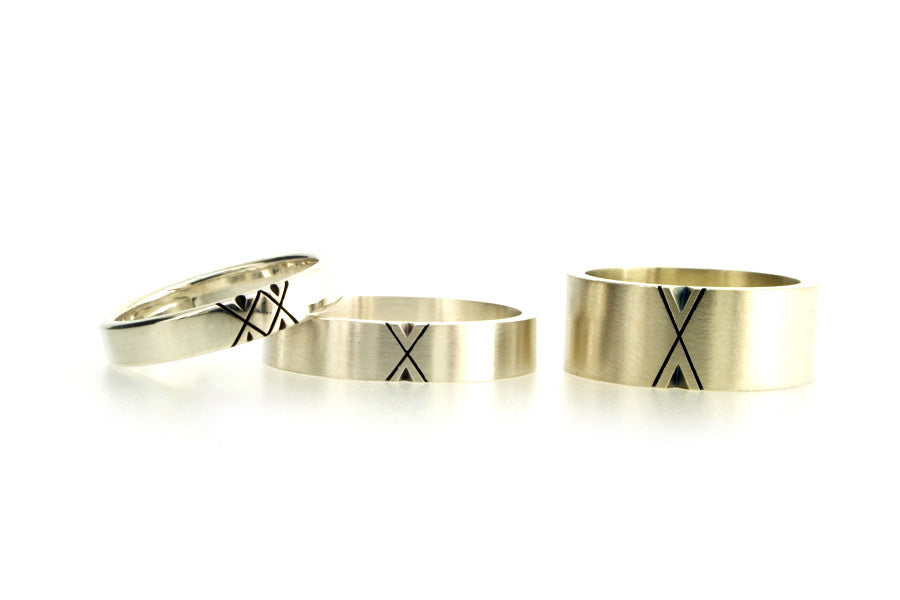 Chevron Patterned Oxidised Silver & 9ct White Gold Rings