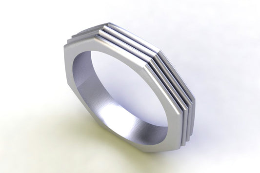 Octagonal Shaped Ribbed Platinum Ring Design