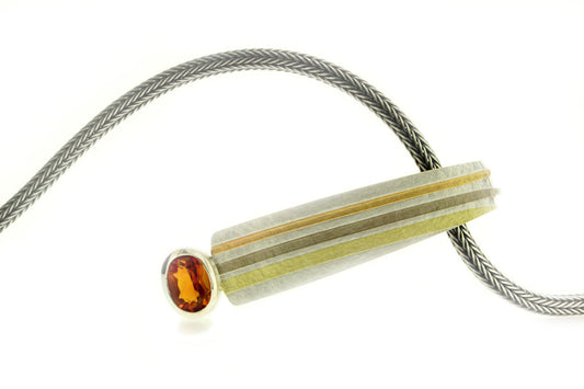 Oval Citrine Silver & 18ct Striped Coloured Gold Necklace