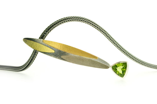 Leaf Design Trillion Peridot Silver & 18ct Coloured Gold Necklace