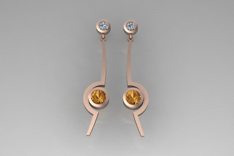 Cup Design Orange Sapphire & Diamond Red Gold Earrings