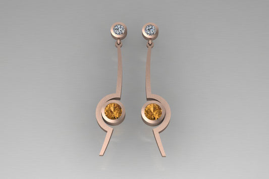 Cup Design Orange Sapphire & Diamond Red Gold Earrings