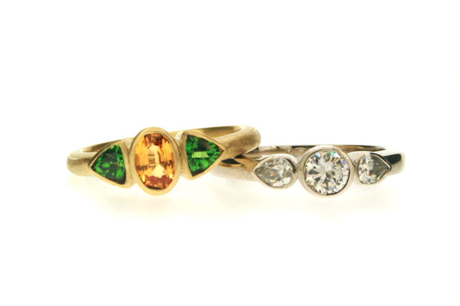 Three Stone Sapphire & Tsavorite 18ct Gold & Diamond Platinum Rings
